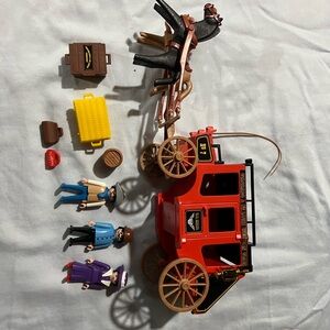 Vintage playmobile Red Stagecoach with cowboy and horses- set 7428